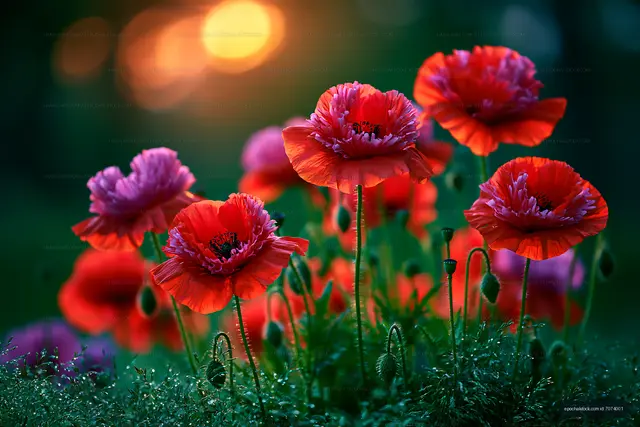 Poppy flowers blooming at sunset in a garden setting