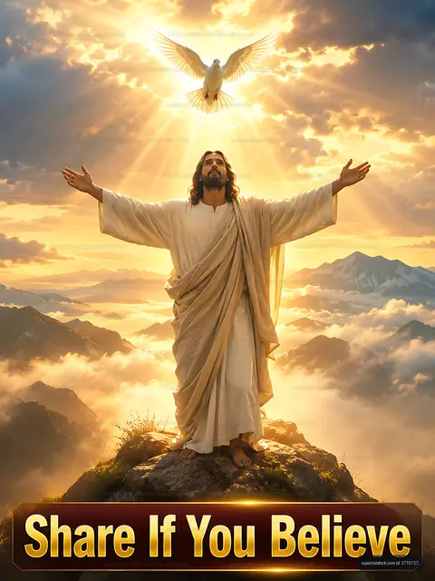 Jesus raising hands with dove above during sunrise over mountains