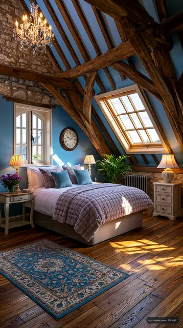 Rustic bedroom with wooden beams and natural light