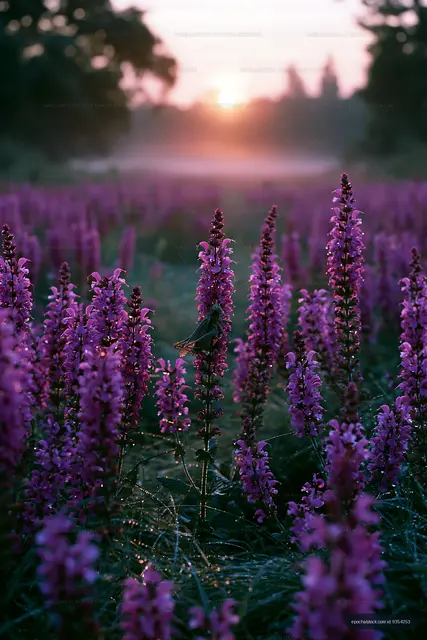 Sunrise over a field of purple flowers with a misty background