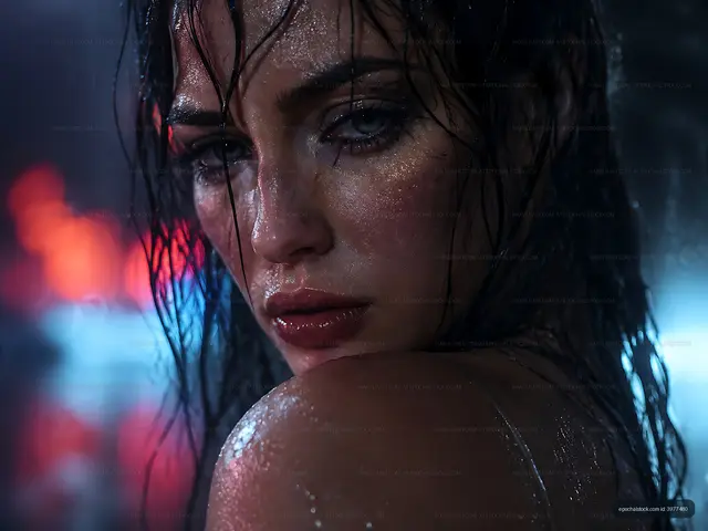 Woman with wet hair in nightlife setting under neon lights
