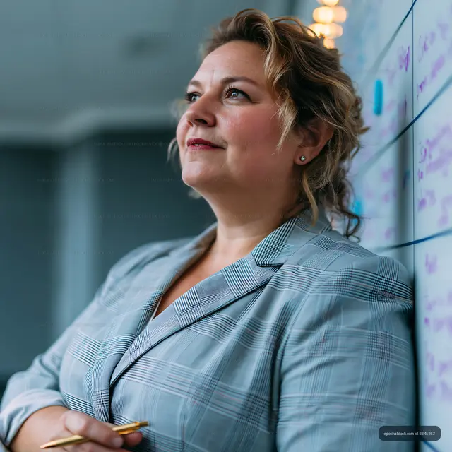 Business professional standing by a whiteboard in the office