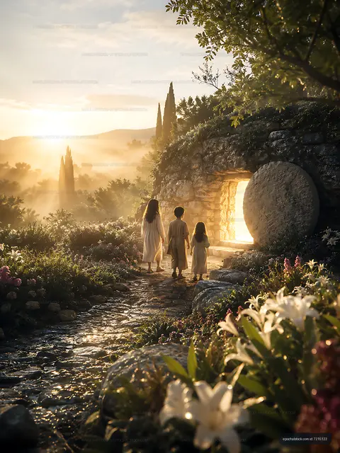 Children walking towards a stone entrance during sunset