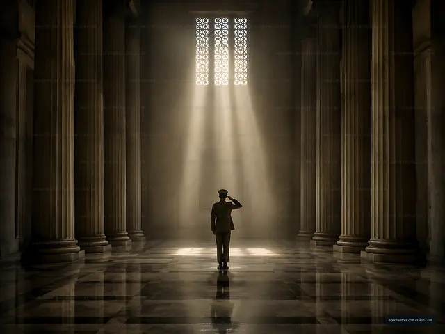 Man saluting in a historic building with light streaming in