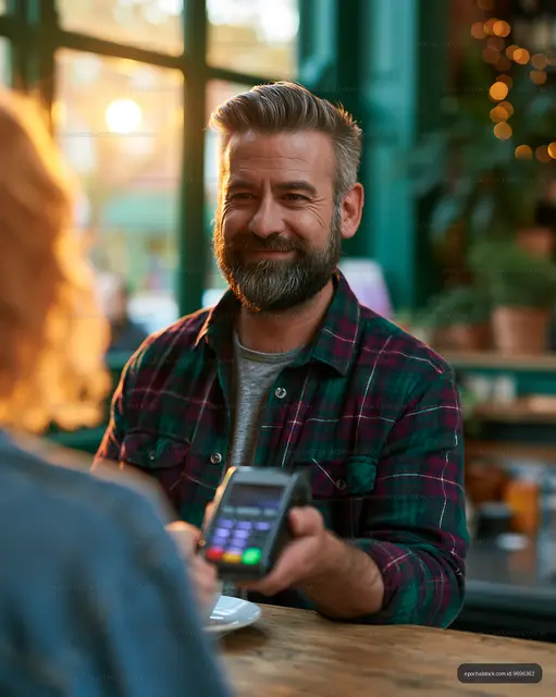 Man assisting woman with payment at cafe during evening