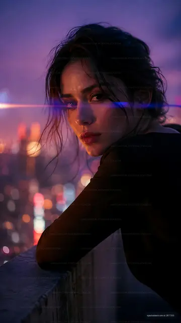 Woman looking over a city skyline at dusk