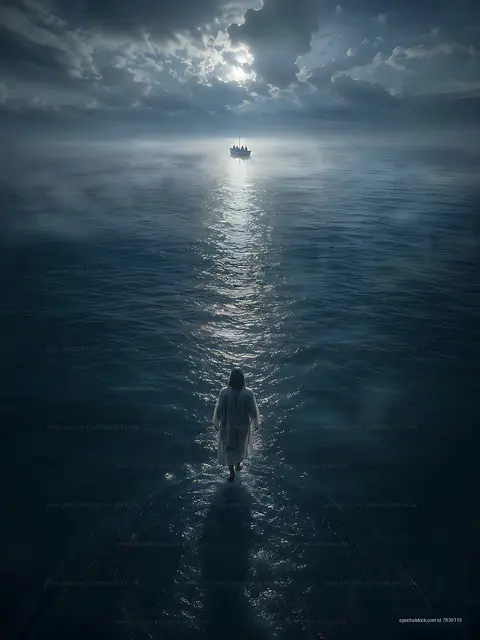Person walking on water under a cloudy sky with a distant boat