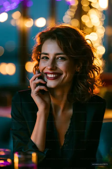 Woman smiling while talking on the phone in a cafe at night