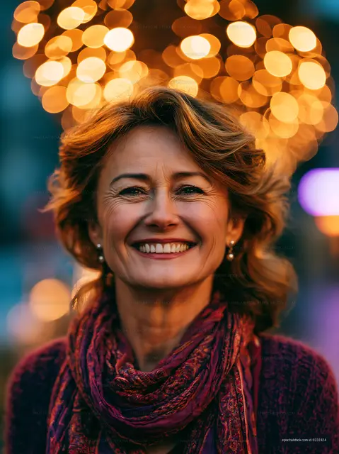 Woman smiling outdoors with lights in the background