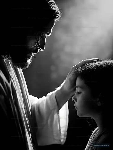 Father blessing daughter in soft light setting