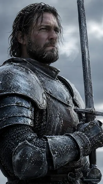 Warrior in armor holding sword in cold setting