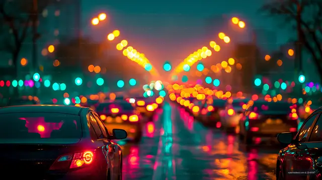 City street at night with cars and bright lights