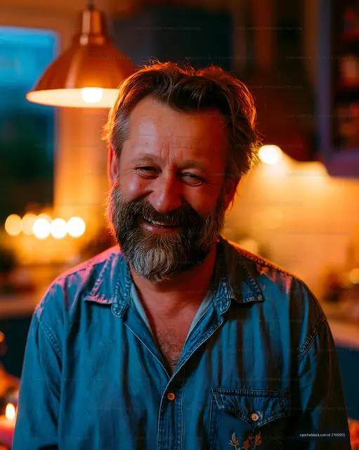 Man smiling in cozy kitchen with warm lights
