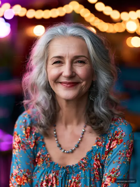 A woman with gray hair smiles at the camera