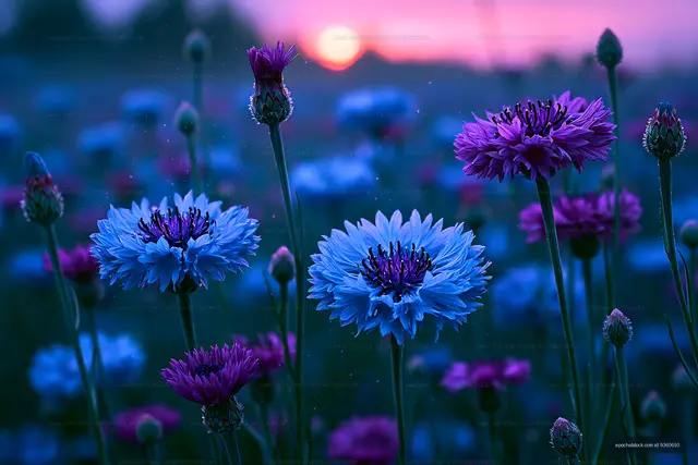 Wildflowers blooming at sunset in a field