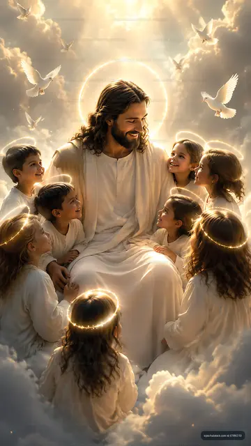 Jesus sitting with children in a cloud setting