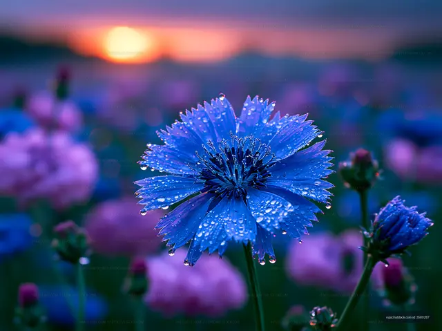 Blue flower with water droplets at sunset