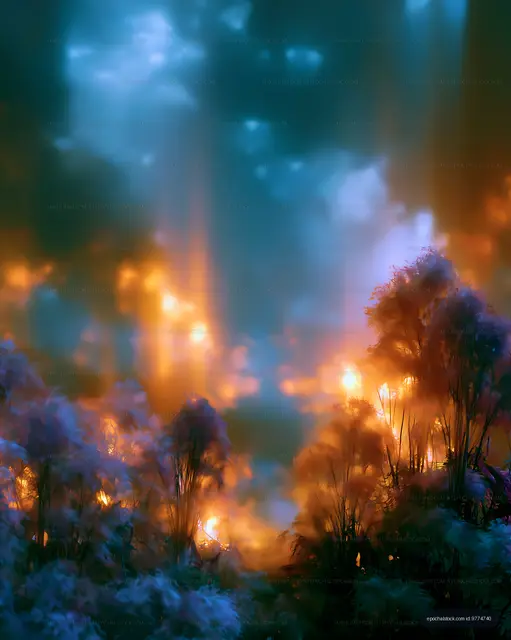 Colorful lights shining through plants in a dark forest