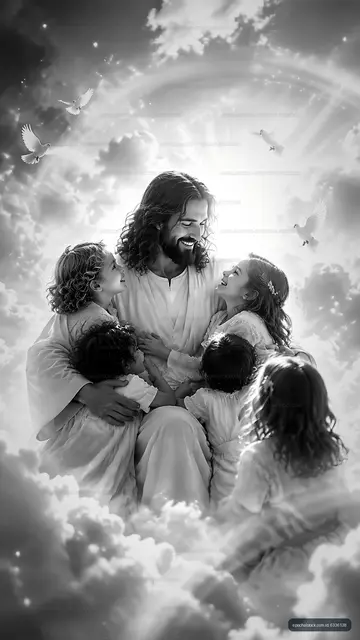 Jesus surrounded by joyful children in a cloud setting