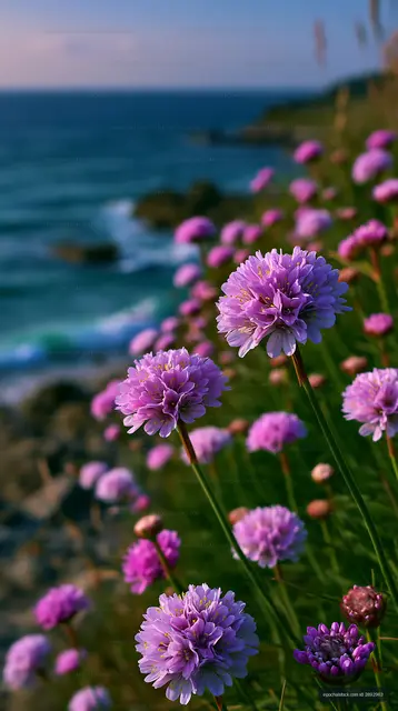 Colorful flowers by the coast with ocean in the background