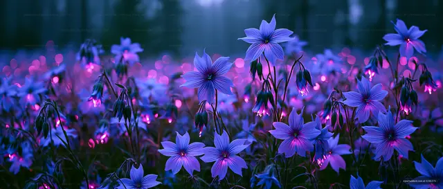 Wildflowers bloom in a forest at dusk with soft lighting