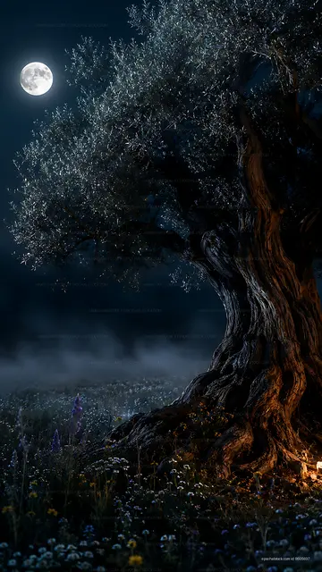 Moonlit olive tree in a dark field at night