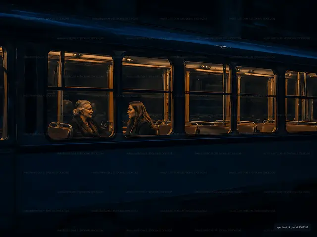 Two women talking inside a bus at night