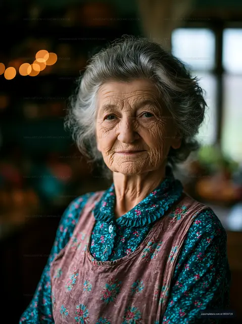 Elderly woman smiling indoors in a cozy kitchen setting