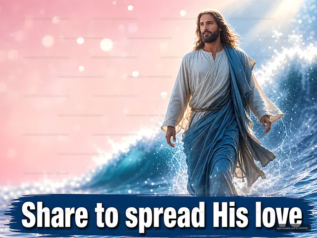 Jesus walking on water with waves and light in background