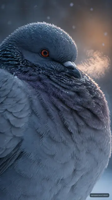 Pigeon in winter showing breath with frost on feathers