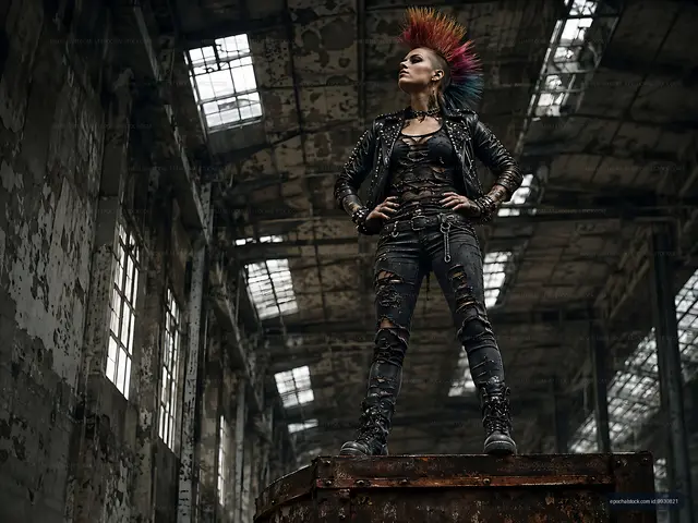 Punk style model poses in abandoned industrial setting