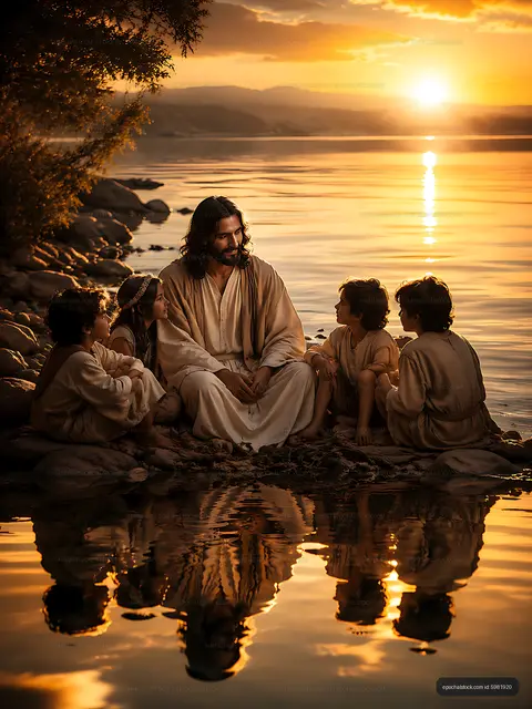 Sunset gathering by the water with children and a guide