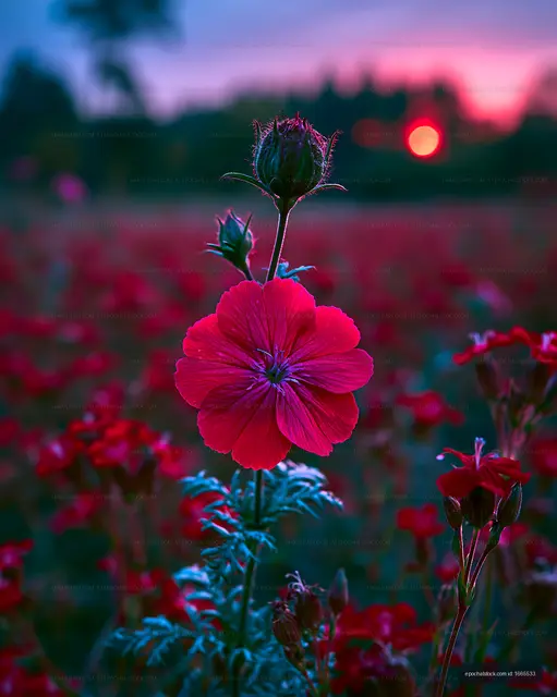 Red flower stands out in a field during sunset