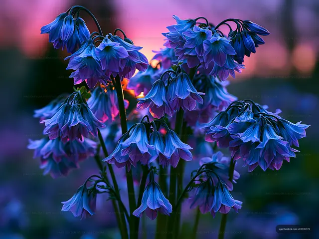 Colorful blue flowers blooming at sunset