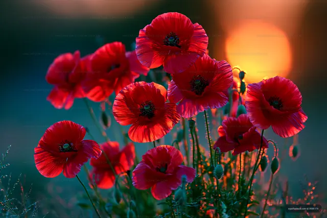 Red poppy flowers blooming at sunset in a natural setting