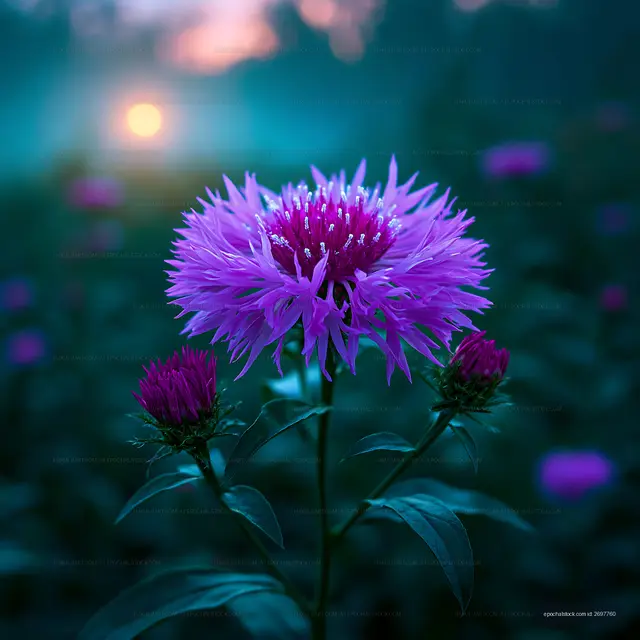 Purple flower blooms at dawn in a misty field