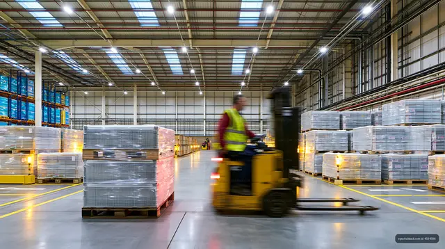 Forklift moving pallets in a large warehouse facility