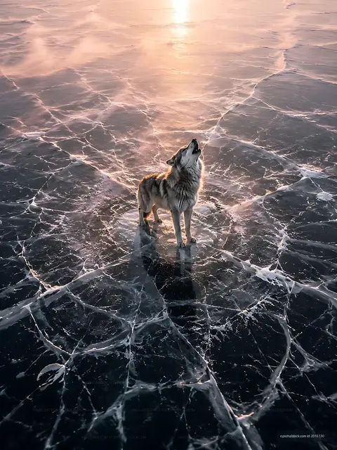 Wolf howling on frozen lake at sunset