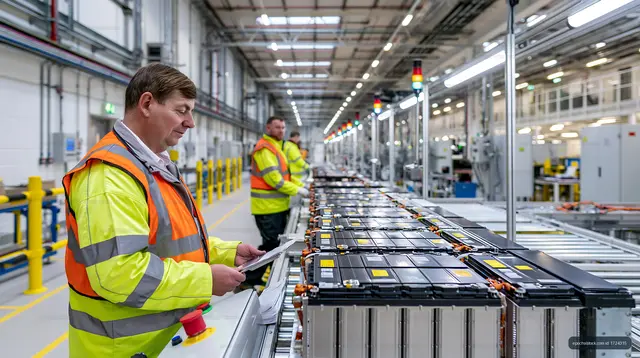 Workers checking battery packs on an assembly line in a factory