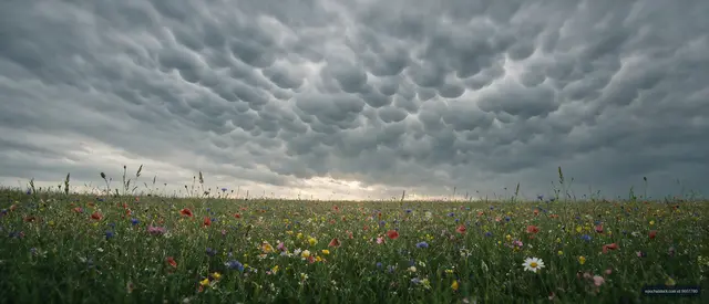 Cloudy sky over a field of wildflowers in springtime