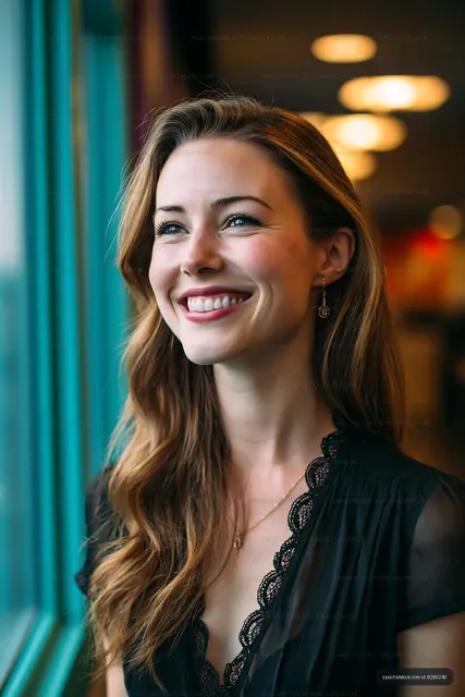 Woman smiling while looking out a window in a softly lit cafe