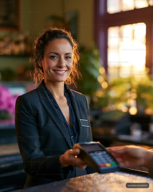 Friendly staff member assisting customer at checkout counter