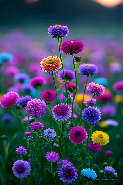Colorful flowers in a vibrant field during sunset