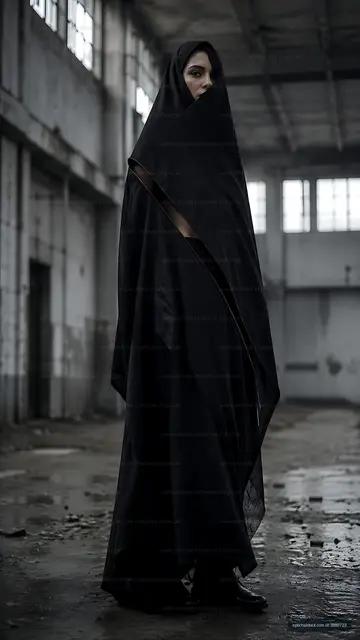 Woman in black garment standing in abandoned industrial space