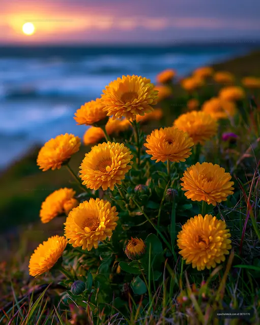 Yellow flowers bloom near the ocean at sunset