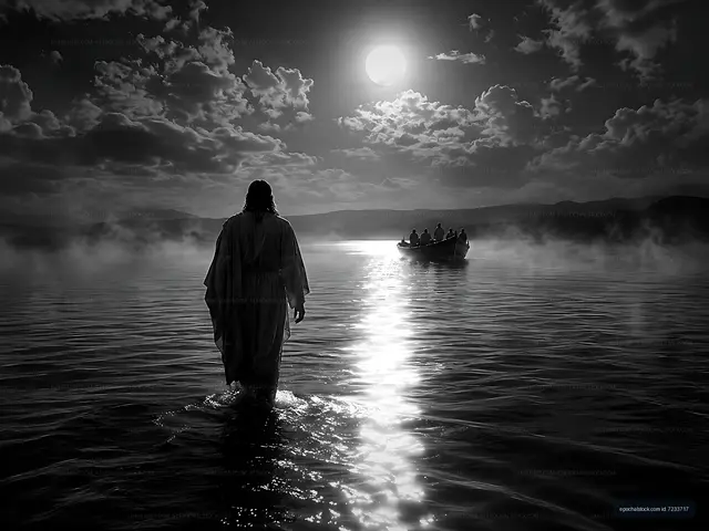Walking on water at sunrise with a boat in the background
