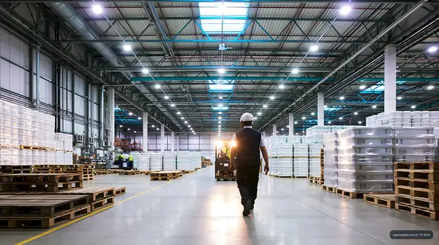 Worker walking in large warehouse during daytime