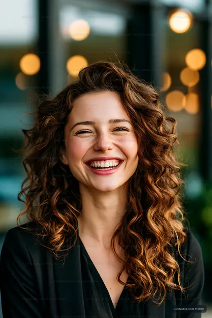 Smiling woman with curly hair in modern cafe