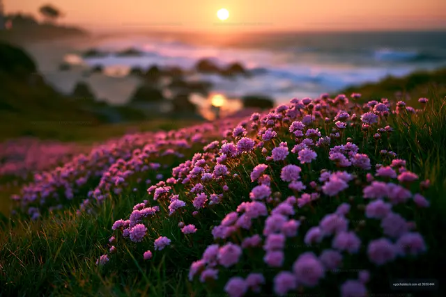 Flowers bloom by the ocean at sunset