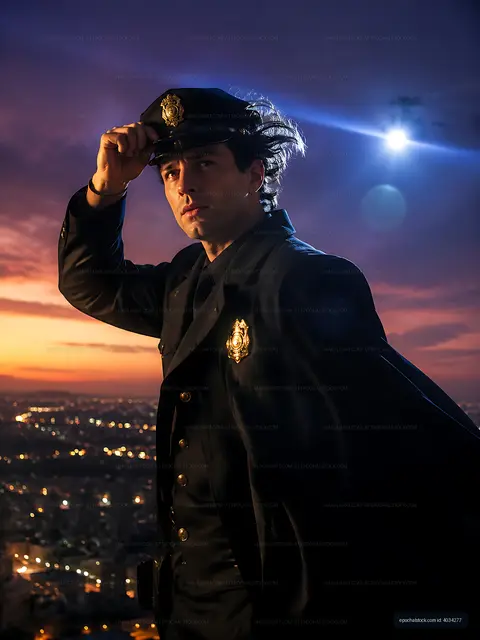 Police officer standing on a rooftop during sunset